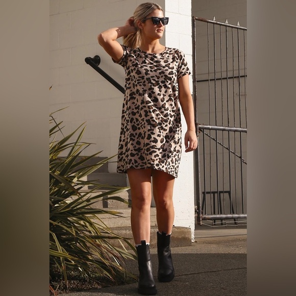 Brunette The Label Dresses & Skirts - BRUNETTE THE LABEL Leopard Tee Dress Tan